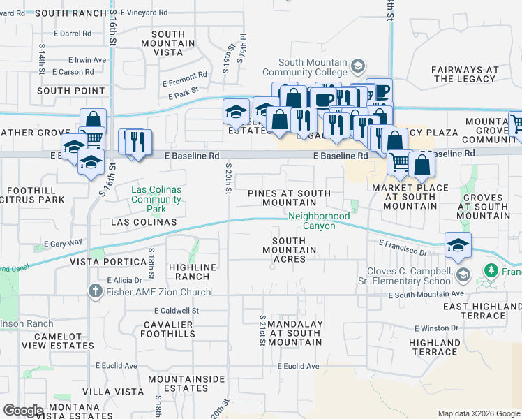 map of restaurants, bars, coffee shops, grocery stores, and more near 2101 East Fawn Drive in Phoenix