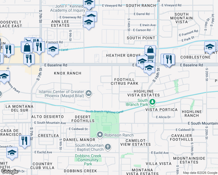 map of restaurants, bars, coffee shops, grocery stores, and more near 1322 East Harwell Road in Phoenix