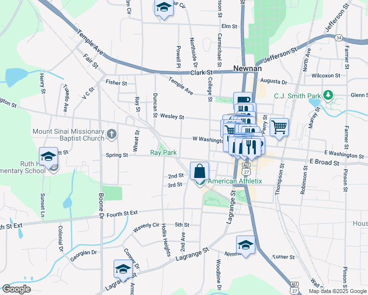 map of restaurants, bars, coffee shops, grocery stores, and more near 5a Saint Clair Street in Newnan