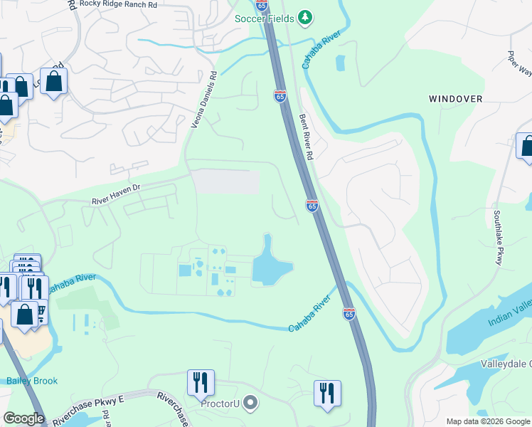 map of restaurants, bars, coffee shops, grocery stores, and more near 4364 Ridgemont Circle in Birmingham