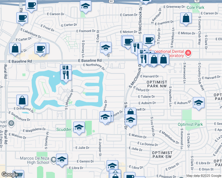 map of restaurants, bars, coffee shops, grocery stores, and more near 1526 East Westwind Way in Tempe