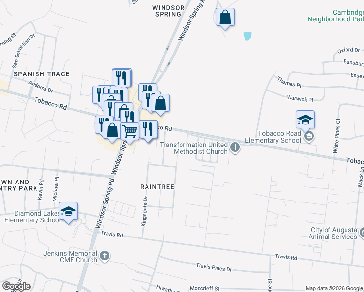 map of restaurants, bars, coffee shops, grocery stores, and more near 3704 Rio Ridge Drive in Hephzibah