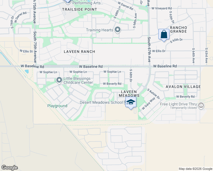 map of restaurants, bars, coffee shops, grocery stores, and more near 7025 West Beverly Road in Phoenix