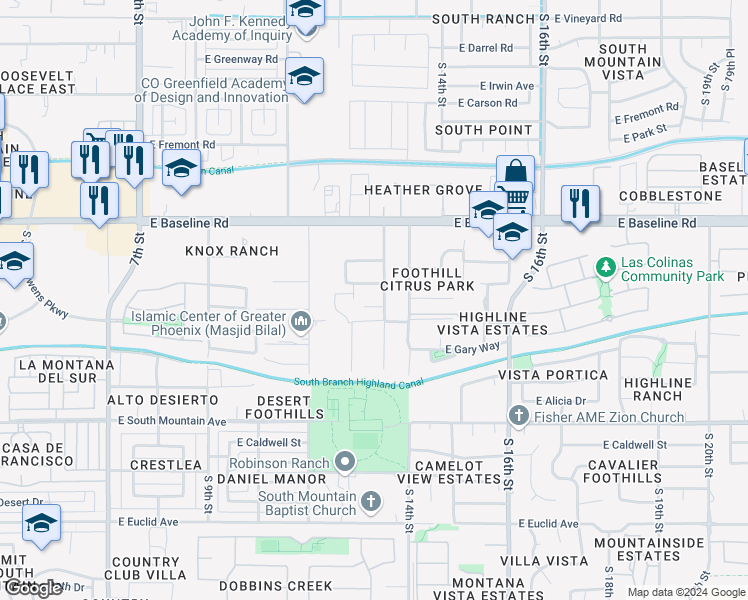 map of restaurants, bars, coffee shops, grocery stores, and more near 1322 East Harwell Road in Phoenix