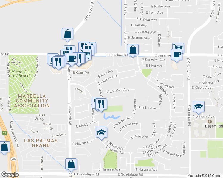 map of restaurants, bars, coffee shops, grocery stores, and more near 9466 E Lompoc Ave in Mesa