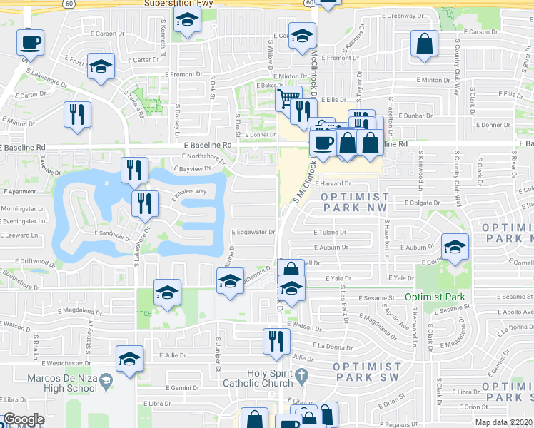 map of restaurants, bars, coffee shops, grocery stores, and more near 1624 East Westwind Way in Tempe