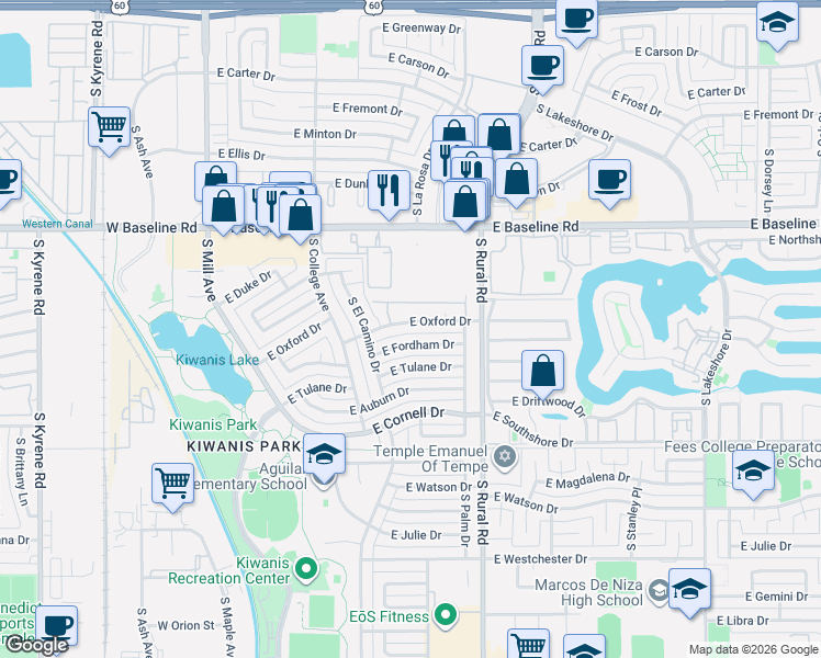 map of restaurants, bars, coffee shops, grocery stores, and more near 615 East Oxford Drive in Tempe