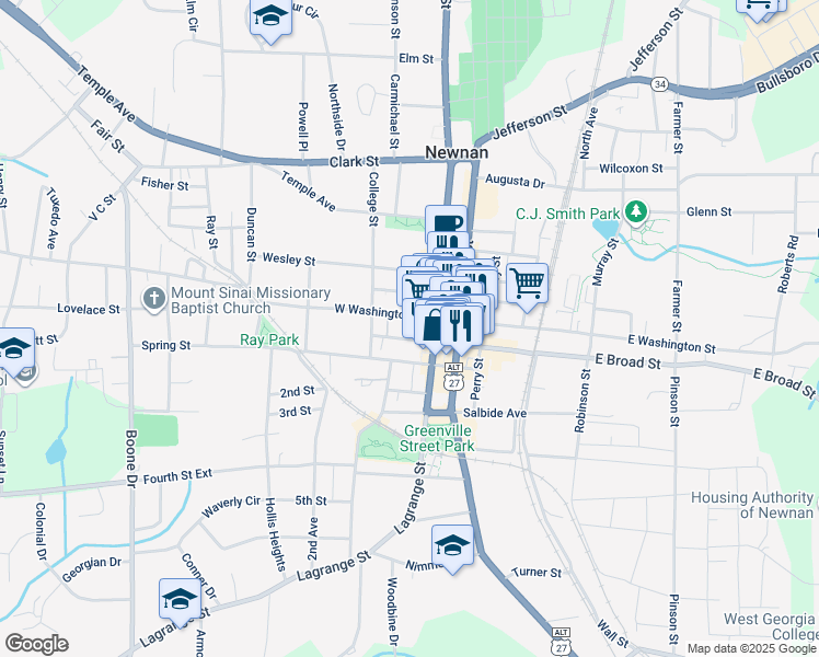 map of restaurants, bars, coffee shops, grocery stores, and more near 16 Jackson Street in Newnan