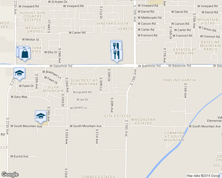 map of restaurants, bars, coffee shops, grocery stores, and more near 7719 South 20th Drive in Phoenix