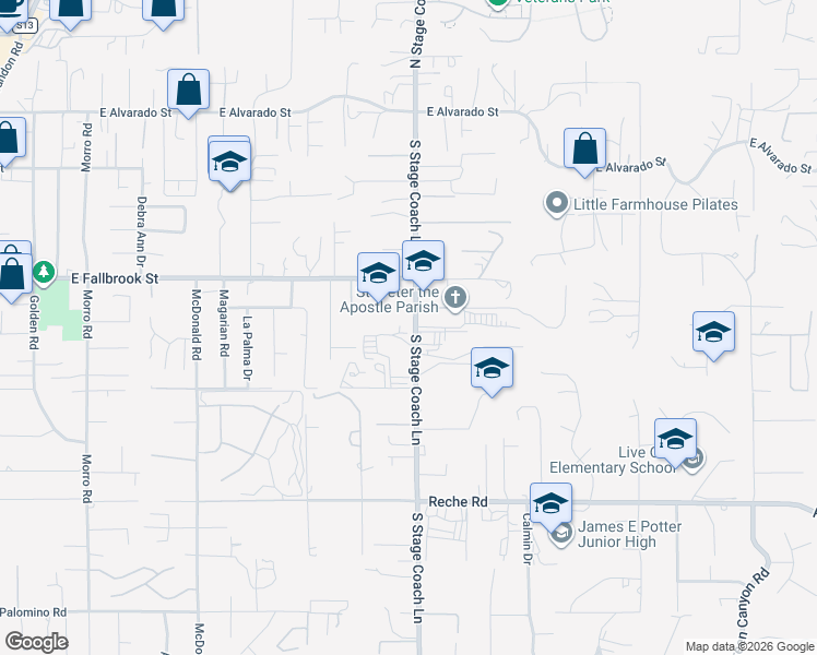 map of restaurants, bars, coffee shops, grocery stores, and more near 439 South Stage Coach Lane in Fallbrook