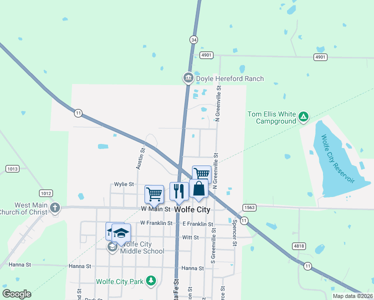 map of restaurants, bars, coffee shops, grocery stores, and more near 443 Santa Fe Street in Wolfe City
