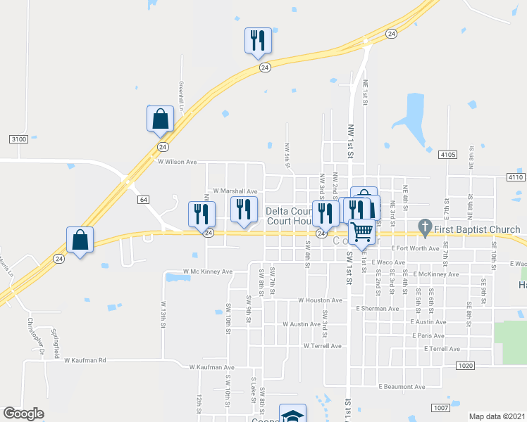 map of restaurants, bars, coffee shops, grocery stores, and more near 151 Northwest 7th Street in Cooper