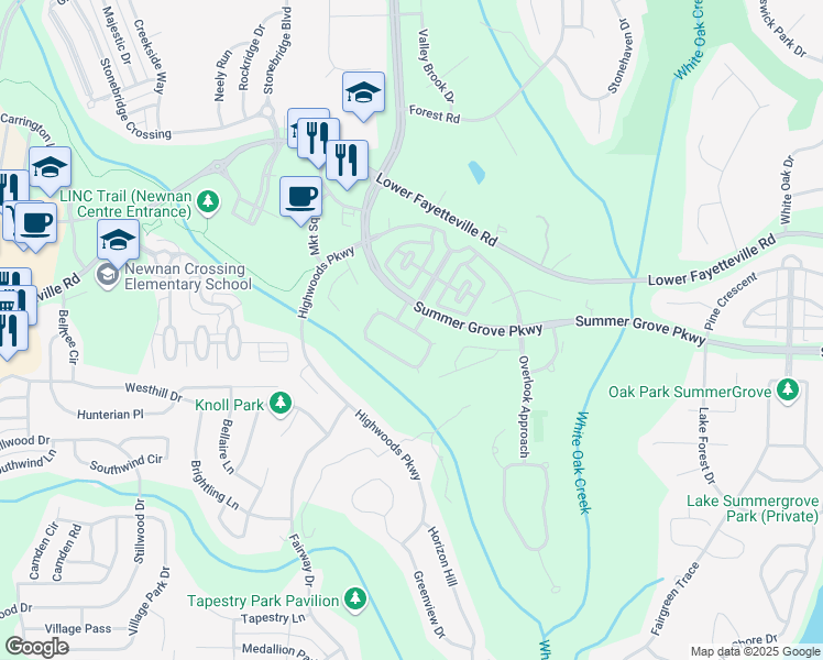 map of restaurants, bars, coffee shops, grocery stores, and more near 204 Tall Timbers Circle in Newnan