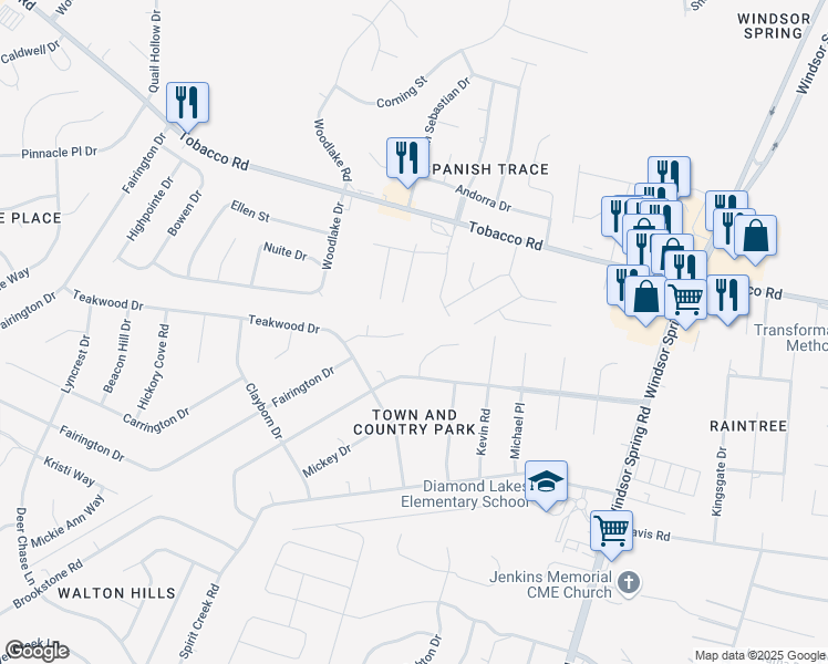 map of restaurants, bars, coffee shops, grocery stores, and more near 3716 Teakwood Court in Hephzibah