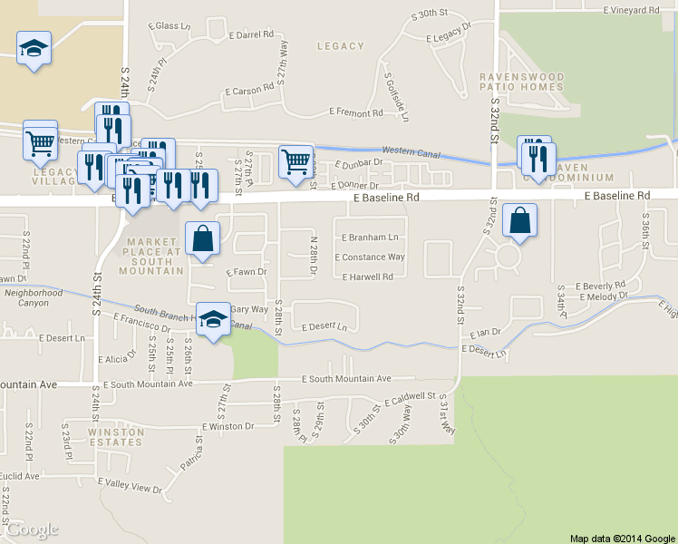map of restaurants, bars, coffee shops, grocery stores, and more near 2912 East Harwell Road in Phoenix
