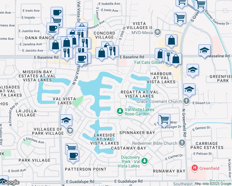 map of restaurants, bars, coffee shops, grocery stores, and more near 1313 North Crystal Shores Drive in Gilbert