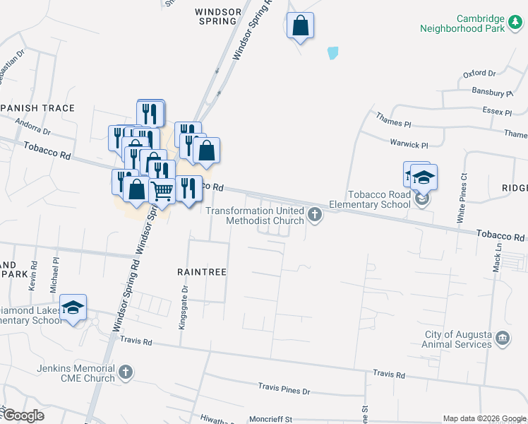 map of restaurants, bars, coffee shops, grocery stores, and more near 2464 Tobacco Road in Hephzibah