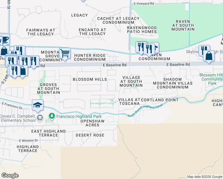 map of restaurants, bars, coffee shops, grocery stores, and more near 3132 East Harwell Road in Phoenix