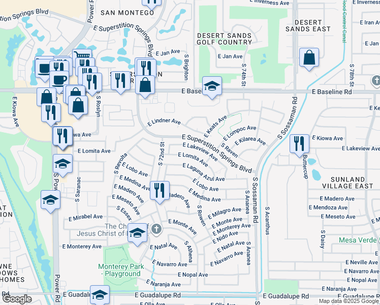 map of restaurants, bars, coffee shops, grocery stores, and more near 7306 East Lomita Avenue in Mesa