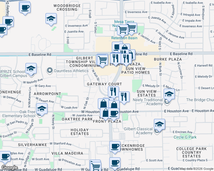 map of restaurants, bars, coffee shops, grocery stores, and more near 1356 North Dana Street in Gilbert