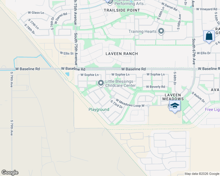 map of restaurants, bars, coffee shops, grocery stores, and more near 7822 South 72nd Lane in Phoenix