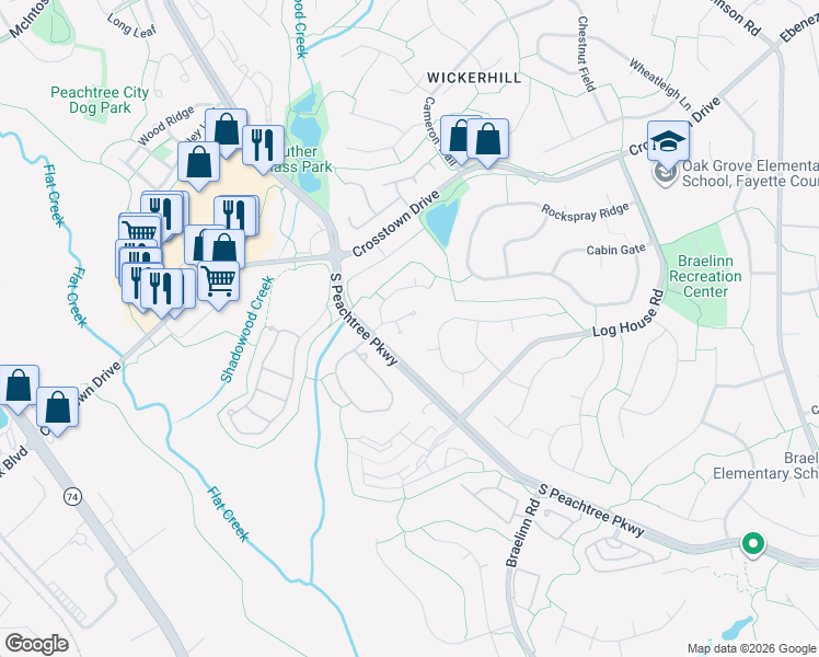 map of restaurants, bars, coffee shops, grocery stores, and more near 401 Deergrass Trail in Peachtree City