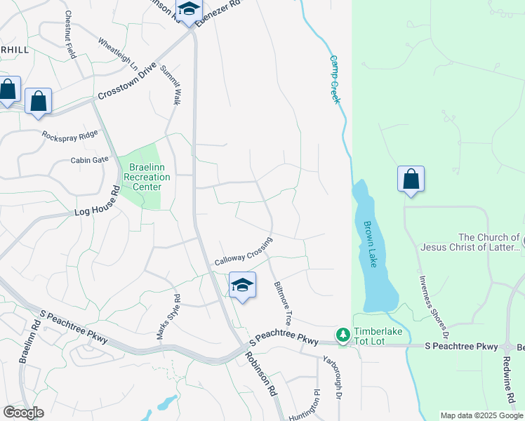 map of restaurants, bars, coffee shops, grocery stores, and more near 121 Calloway Crossing in Peachtree City