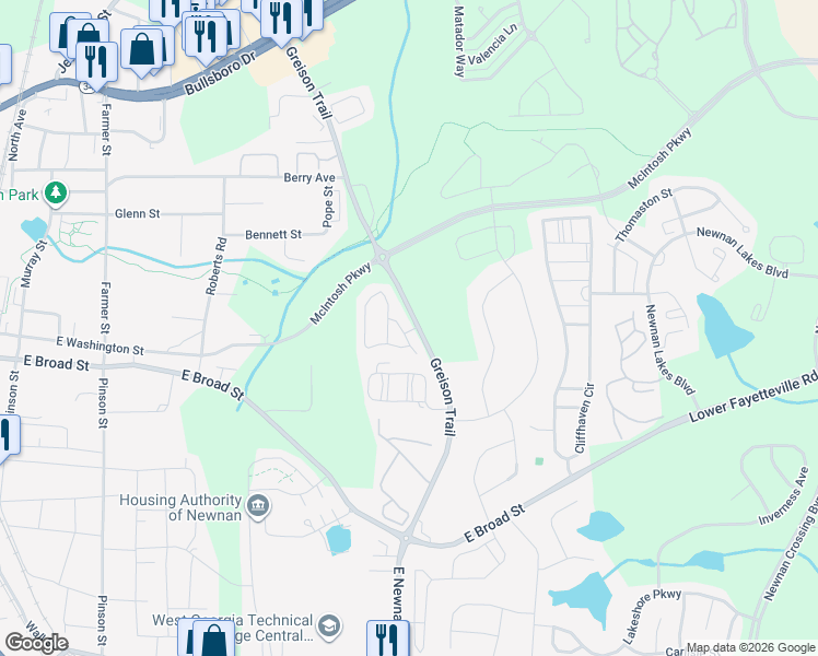 map of restaurants, bars, coffee shops, grocery stores, and more near 131 Chastain Loop in Newnan