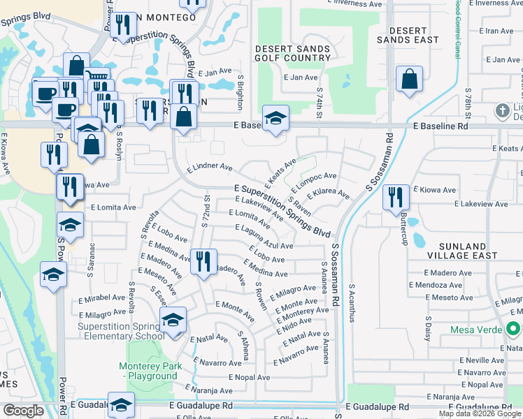 map of restaurants, bars, coffee shops, grocery stores, and more near 7339 East Lakeview Avenue in Mesa