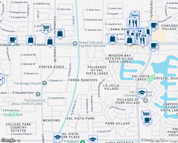 map of restaurants, bars, coffee shops, grocery stores, and more near 1350 North Sailors Way in Gilbert