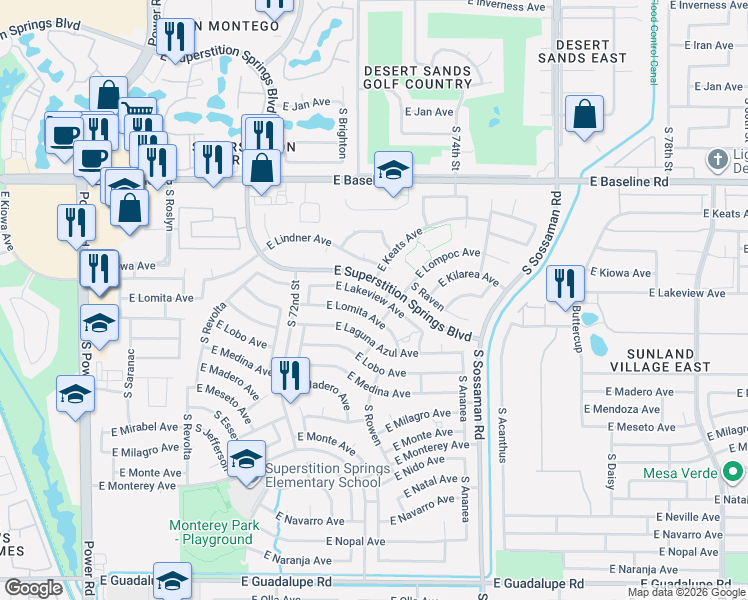 map of restaurants, bars, coffee shops, grocery stores, and more near 7353 East Lakeview Avenue in Mesa