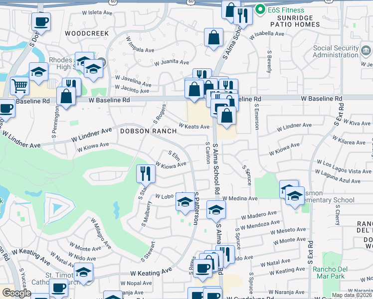 map of restaurants, bars, coffee shops, grocery stores, and more near 2228 South Patterson in Mesa