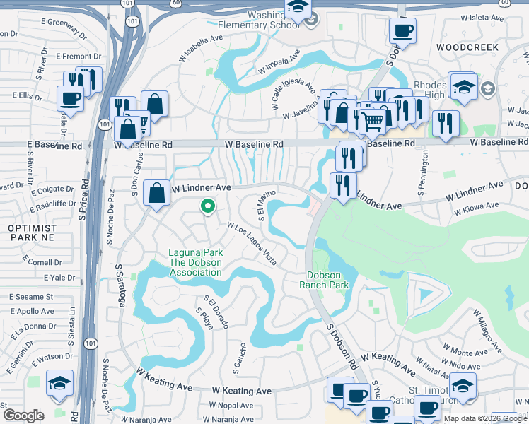 map of restaurants, bars, coffee shops, grocery stores, and more near 2319 West Lompoc Circle in Mesa