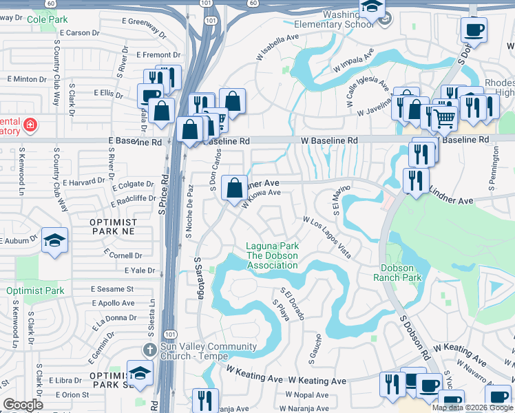 map of restaurants, bars, coffee shops, grocery stores, and more near 2510 West Lompoc Avenue in Mesa