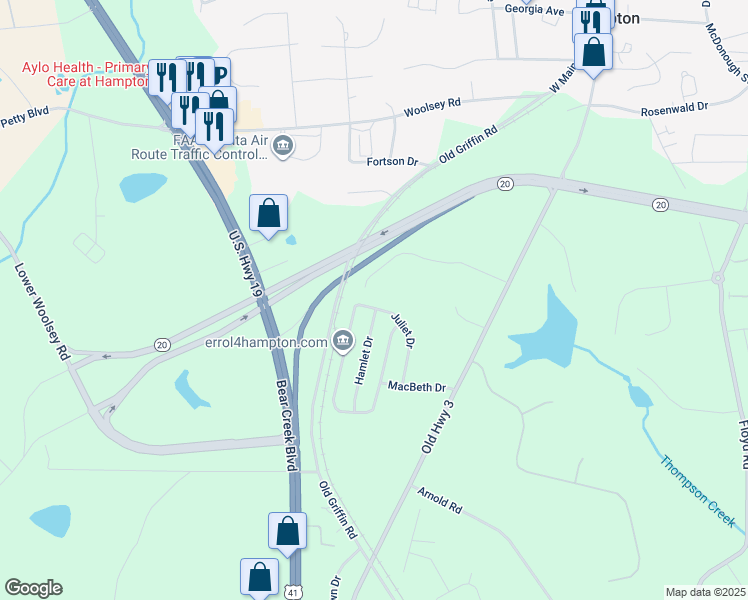 map of restaurants, bars, coffee shops, grocery stores, and more near 257 Juliet Drive in Hampton