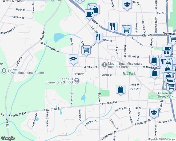 map of restaurants, bars, coffee shops, grocery stores, and more near 22 Pratt Street in Newnan