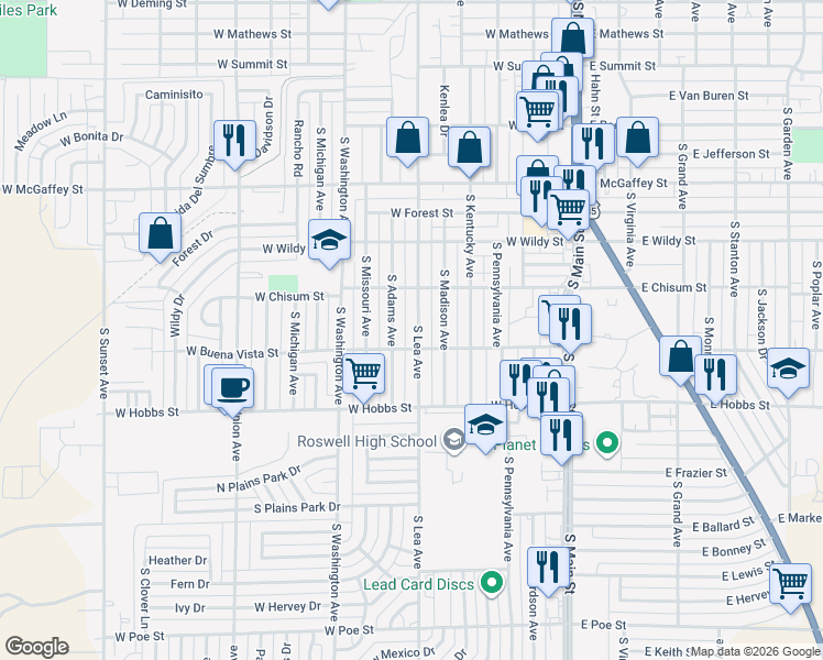 map of restaurants, bars, coffee shops, grocery stores, and more near 1512 South Lea Avenue in Roswell