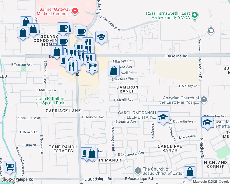 map of restaurants, bars, coffee shops, grocery stores, and more near 3456 East Gary Way in Gilbert
