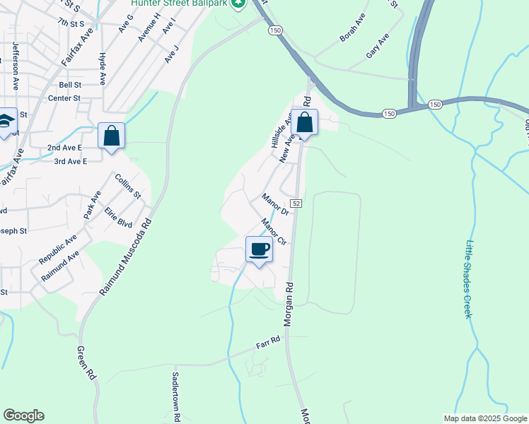 map of restaurants, bars, coffee shops, grocery stores, and more near 1022 Manor Circle in Bessemer