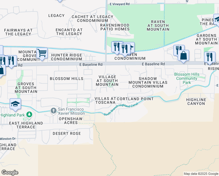 map of restaurants, bars, coffee shops, grocery stores, and more near 3221 East Mountain Village Circle in Phoenix