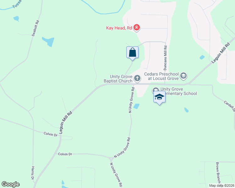 map of restaurants, bars, coffee shops, grocery stores, and more near 1032 Leguin Mill Road in Locust Grove