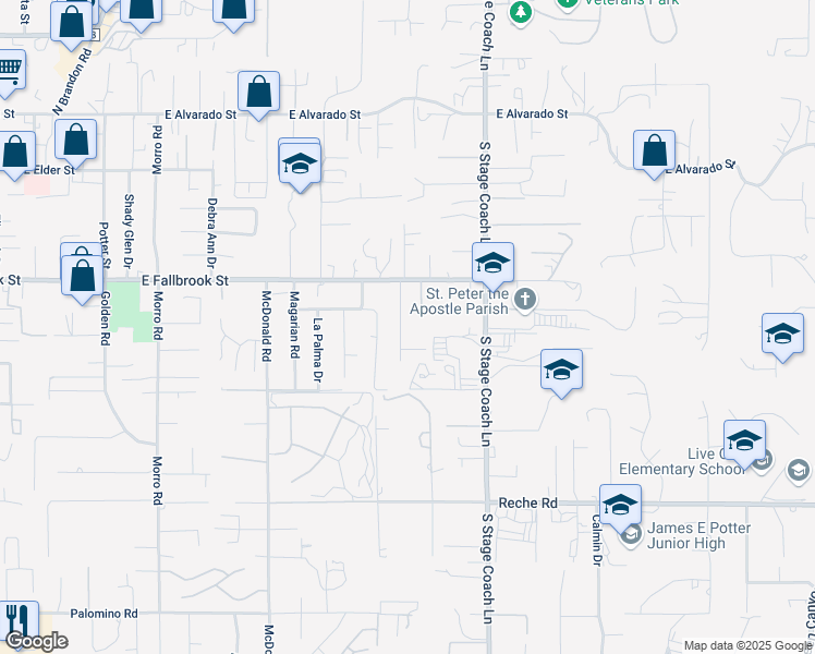 map of restaurants, bars, coffee shops, grocery stores, and more near 452 Debby Street in Fallbrook