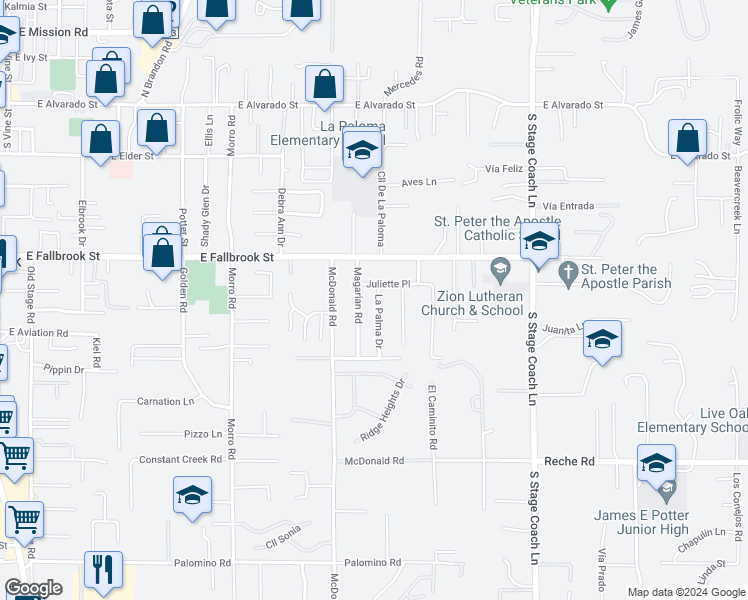 map of restaurants, bars, coffee shops, grocery stores, and more near 757 La Palma Drive in Fallbrook
