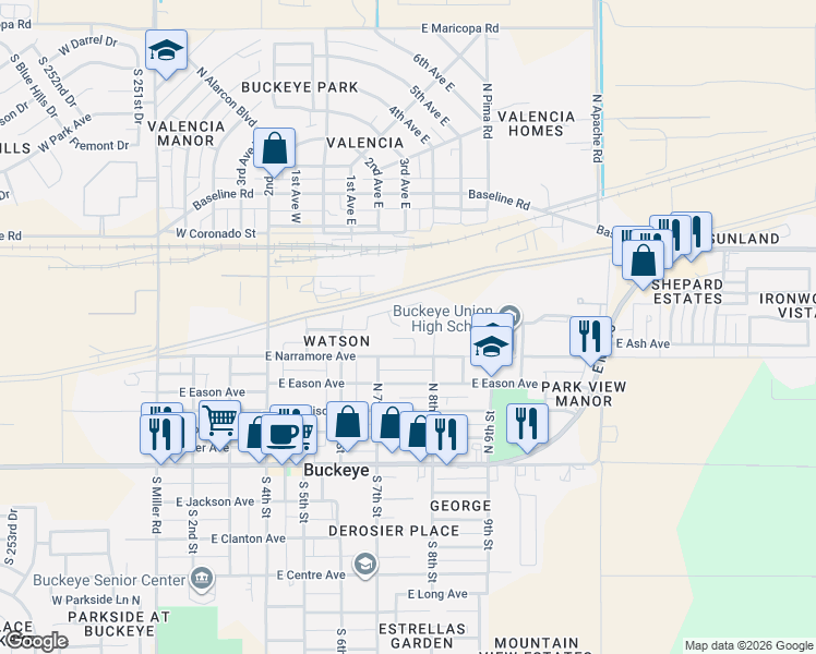 map of restaurants, bars, coffee shops, grocery stores, and more near 541 North Gable Cove in Buckeye