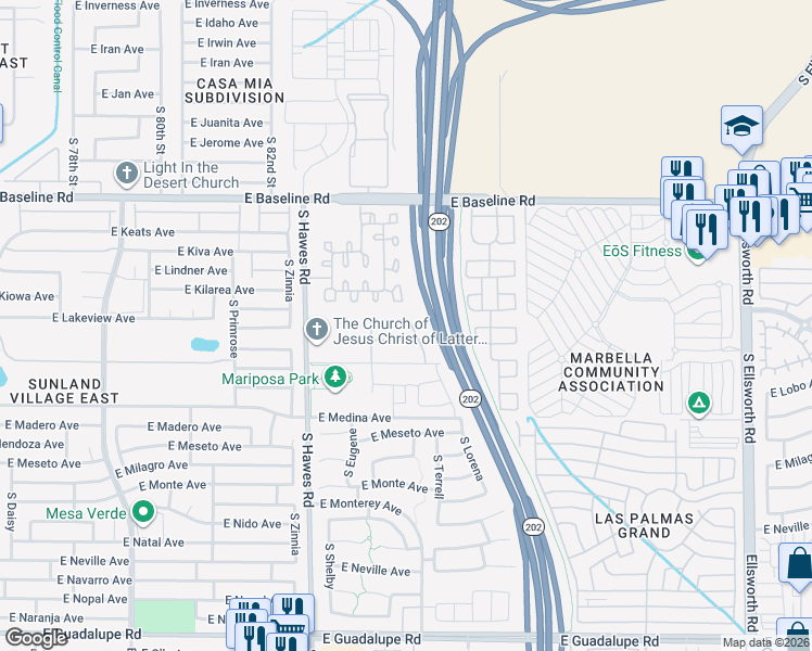 map of restaurants, bars, coffee shops, grocery stores, and more near 8557 East Kiowa Avenue in Mesa