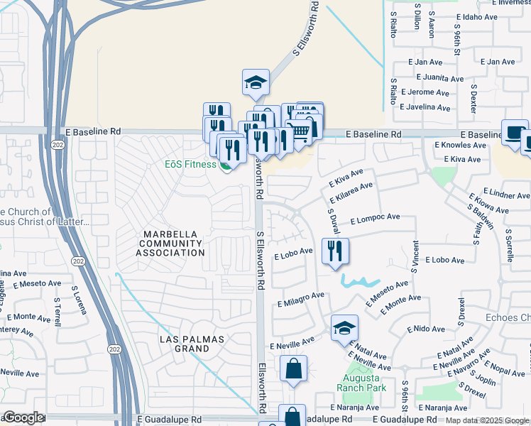 map of restaurants, bars, coffee shops, grocery stores, and more near 2205 South Harper in Mesa