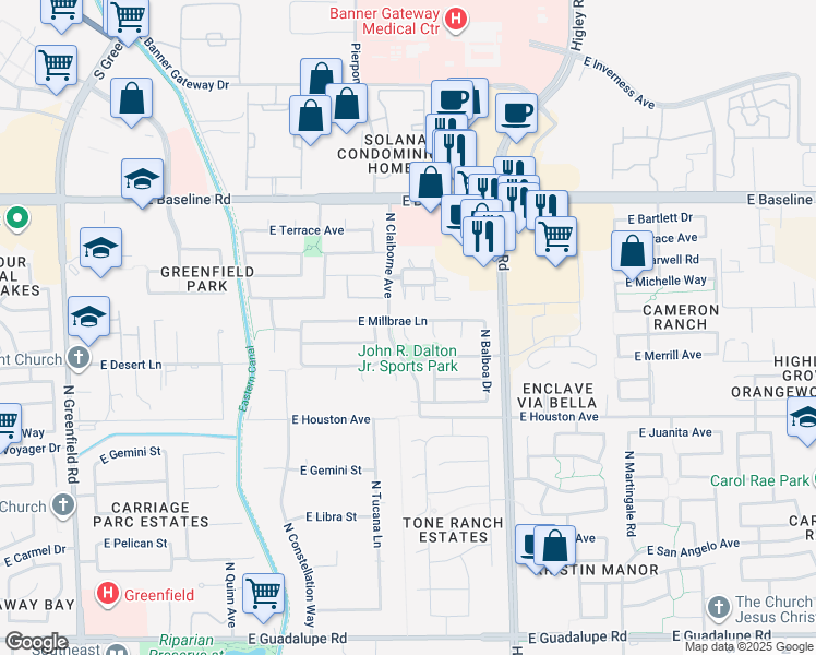 map of restaurants, bars, coffee shops, grocery stores, and more near 3033 East Millbrae Lane in Gilbert