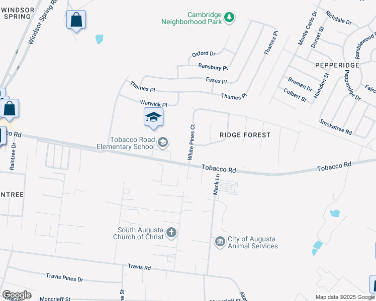 map of restaurants, bars, coffee shops, grocery stores, and more near 4209 White Pines Court in Augusta