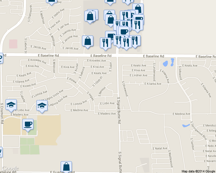map of restaurants, bars, coffee shops, grocery stores, and more near 10730 East Kilarea Avenue in Mesa