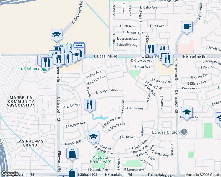 map of restaurants, bars, coffee shops, grocery stores, and more near 2219 South Keene in Mesa